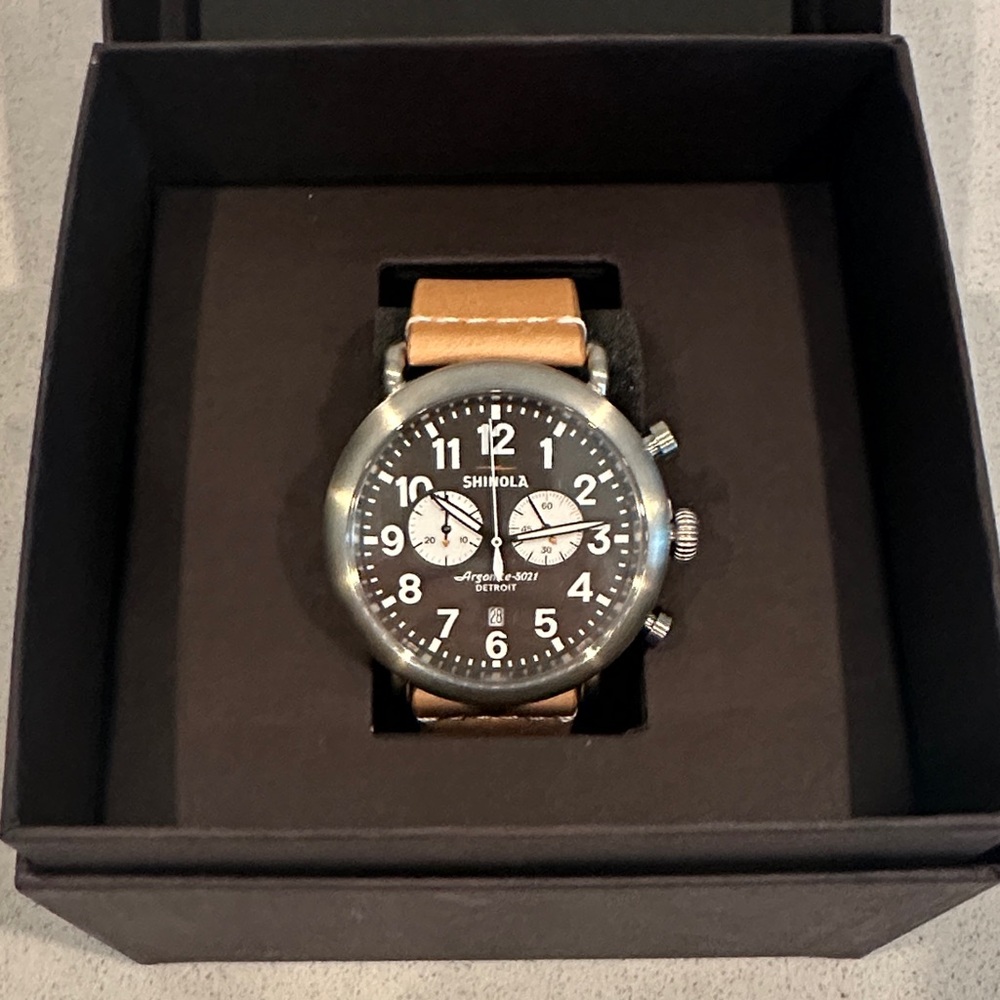 Shinola Black Dial Chronograph Watch with Tan Leather Strap